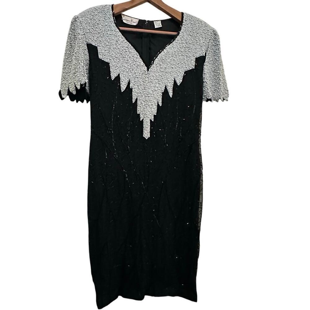 Laurence Kazar New York Pristine Black White Beaded Full Length Dress Size XL